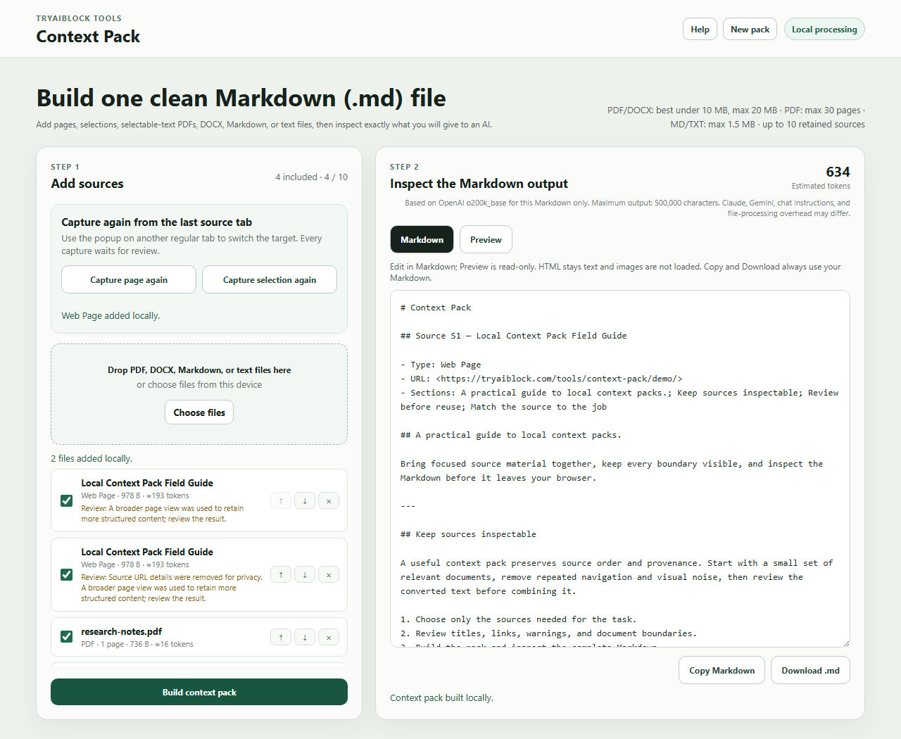 Context Pack workspace with the Add sources column beside the editable Markdown output column.